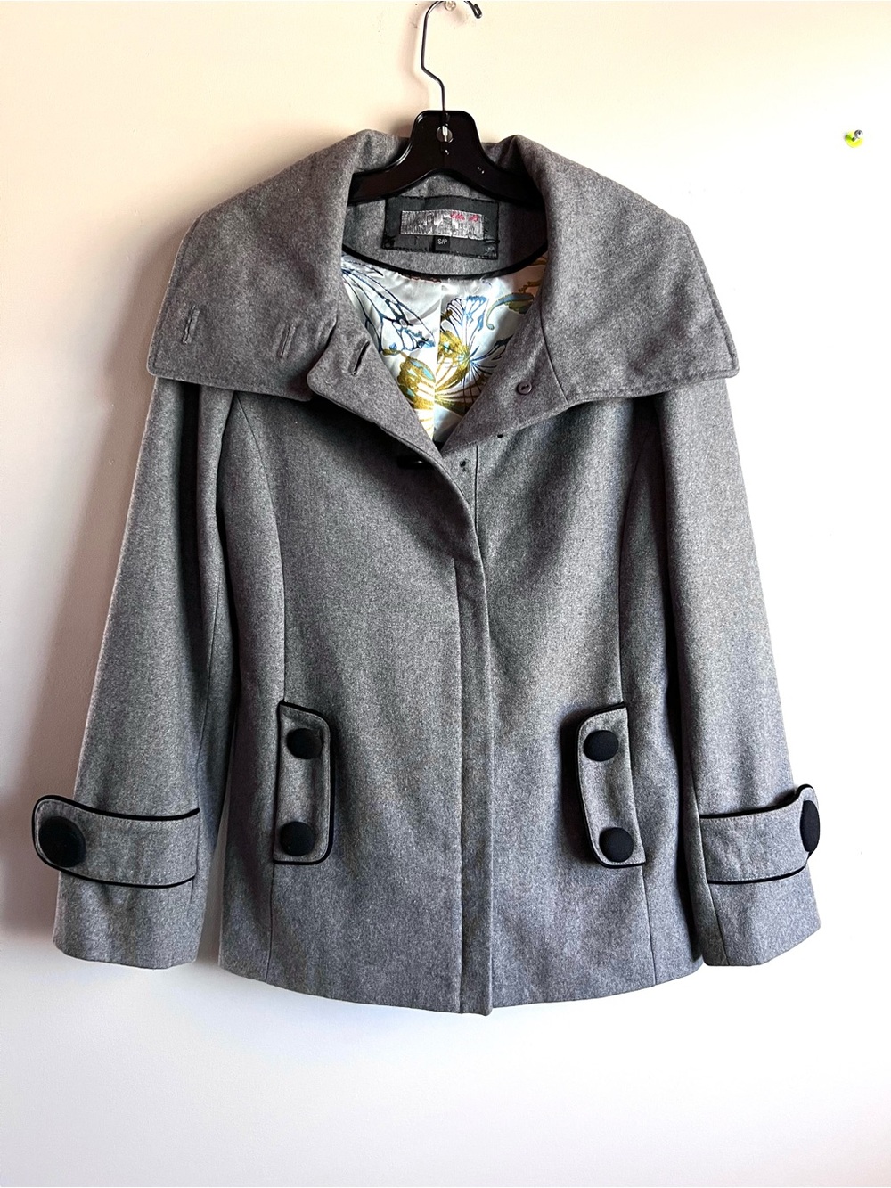 Ella Moss Gray Wool Blend Pea Coat Small Butterfly Lining Oversized Buttons